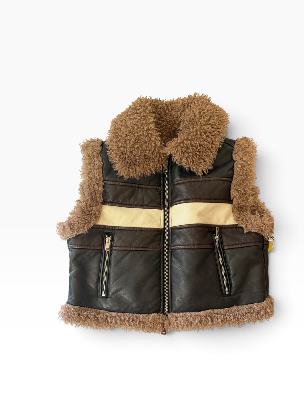 Brown Faux Shearling Trim Zip Vest with Cream Stripe - Picture 2 of 7